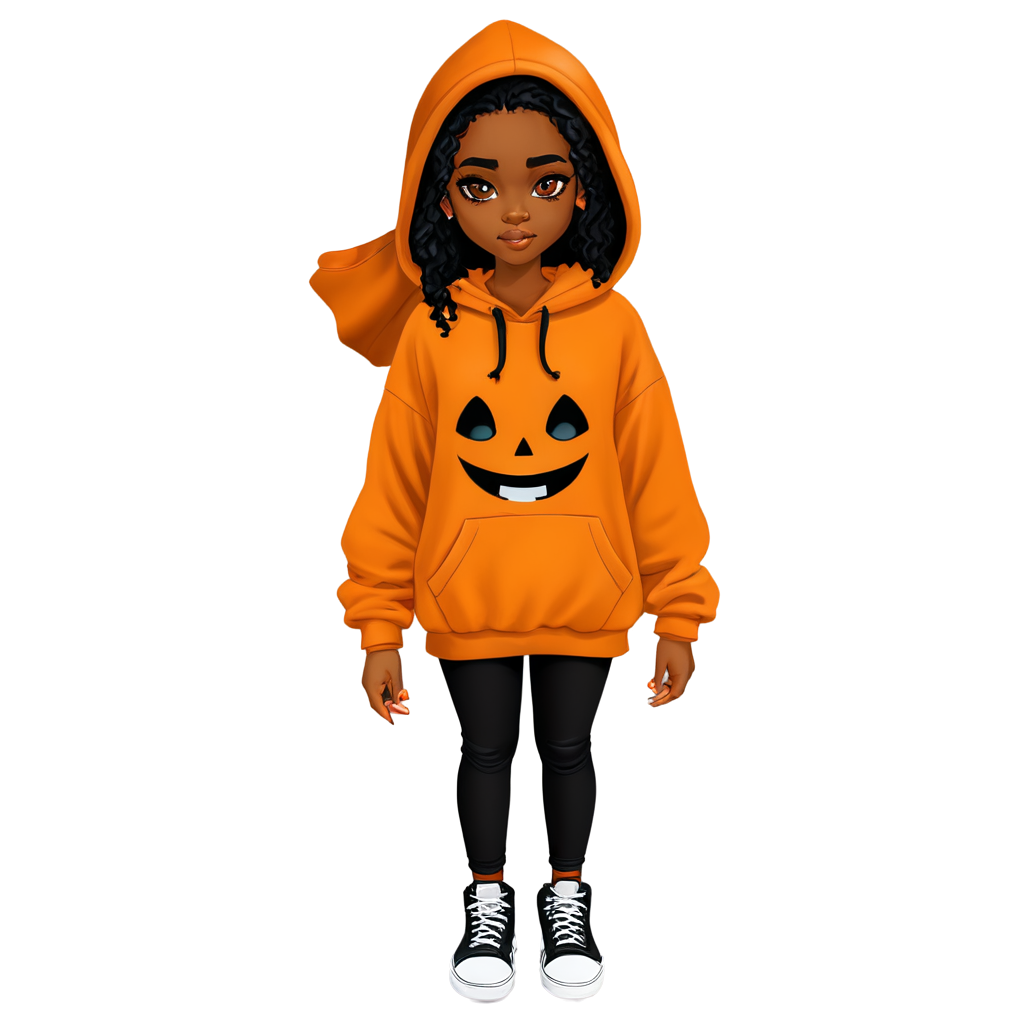 (A African black woman) holding big orange. Her decked out in an big orange themed ensemble,complete with a hoodie adorned. Her laid-back demeanor contrasts with the vibrant,spooky accessories. - icon | sticker