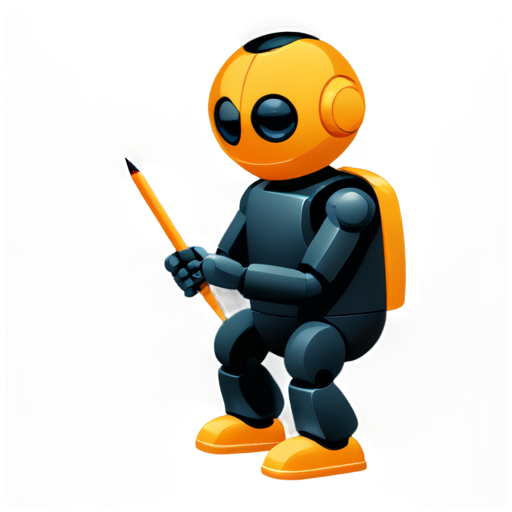 A simple robot, painted in orange and black, front and upper body, wearing a magnifying glass, squatting on the ground and marking its position with a red pen. - icon | sticker