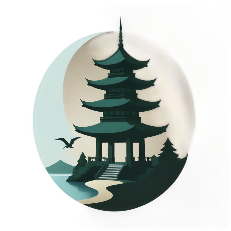 east asian architecture,sun,pagoda,animal,leaf,moon,holding,tree,egasumi,water, no humans, scenery, bird, moon, sky, outdoors, mountains, clouds, building, dragon, bridge, tower, egasumi, full moon - icon | sticker