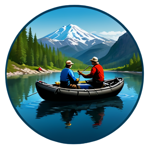 A spinning club called "Джигисты" - place the inscription on the picture. Against the backdrop of the mountain. The fishermen themselves are on inflatable boats with fishing rods. Round logo for a chat group avatar - icon | sticker