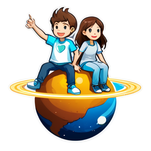 bright logo - a guy and a girl riding on a planet with the signature Iriska and Onechester - icon | sticker