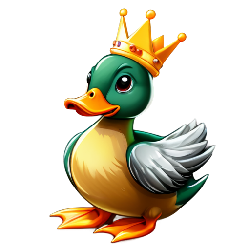 A mallard duck wearing a crown is playing a video game. - icon | sticker