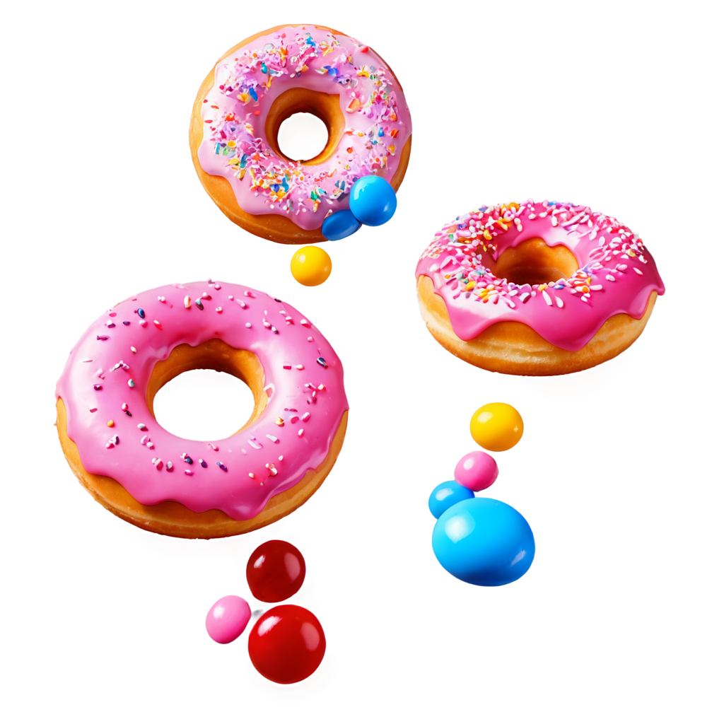 three donuts are floating in the air, floating. There is a layer of pink jam on the surface of the donut, attached to some small colored candy particles,bright light, natural, real, Strong Contrast - icon | sticker