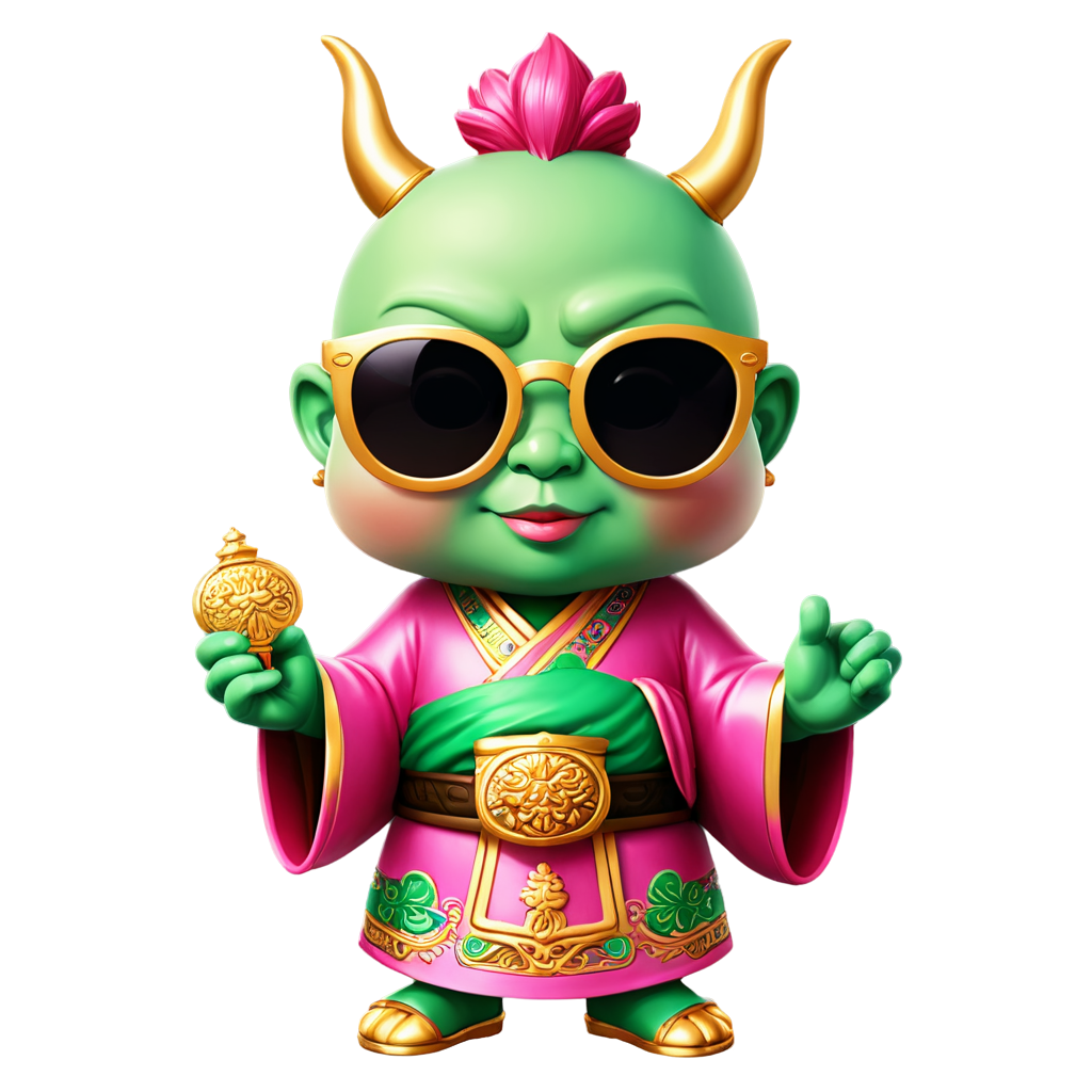 a festive Chinese cute God of Wealth wearing sunglasses, pink green gold,Ceramic,Pixar style, cartoon character, - icon | sticker