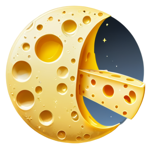 You are a graphic designer tasked with creating a unique and fun sticker. The sticker should be an image of the moon depicted as a cheese wheel with holes, combining elements of the moon and cheese. The sticker should be designed with the following specifications: Size: 512x512 pixels Theme: Moon as a cheese wheel Details: The moon should have a yellowish, cheese-like texture with holes, resembling Swiss cheese. Include craters and details that represent the moon, but with a playful twist to make it look like cheese. The overall design should be cute and visually appealing, suitable for use in messages or on social media. Provide a high-resolution image in PNG format with a transparent background. - icon | sticker