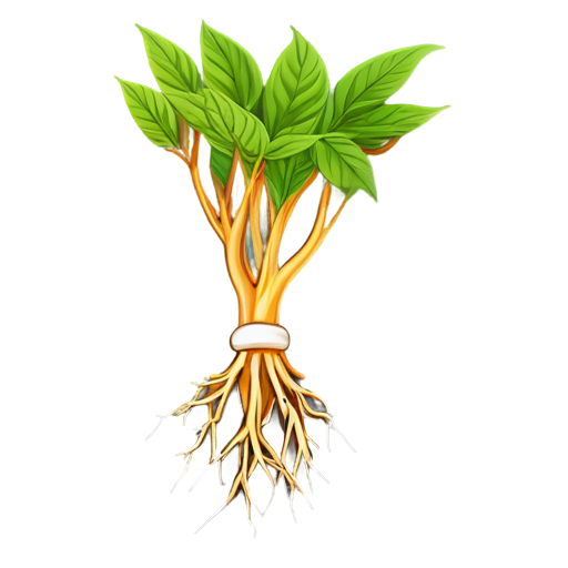 Ginseng (Complex root neck, fewer fibers and longer roots, deep skin wrinkles) grows in fertile soil - icon | sticker