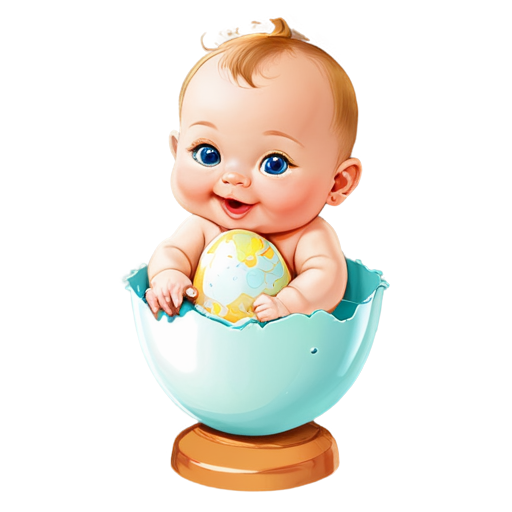 A delightful and imaginative illustration featuring a whimsical scene of a cracked egg from which a joyful, plump baby emerges, wearing a cute "ES" t-shirt. The baby's arms and legs stretch out as if just born, while shell fragments float around, reminiscent of the egg's breakage. The background showcases a soft, pastel color palette, adding to the dreamy, magical atmosphere of the scene., illustration - icon | sticker