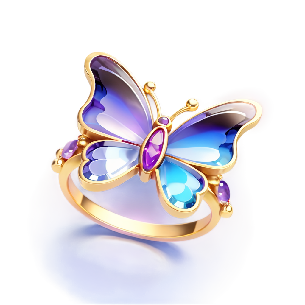 An 18k gold ring,The ring is shaped with butterfly elements, the main stone is set with purple colored gemstones, the butterfly wings are partially enameled with hollow windows,and the colors are a dreamy blue and purple gradient - icon | sticker