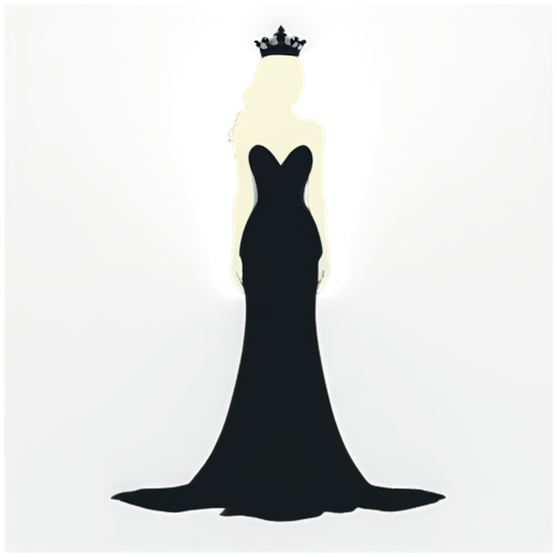 Create an all-black icon on a transparent background inspired by The Selection book series by Kiera Cass. The design should feature a sleek and minimalistic silhouette of a crown or tiara with sharp, defined lines. Below or intertwined with the crown, include a flowing gown silhouette with smooth lines. Add abstract or stylized floral accents around the crown or gown, ensuring the elements are well-integrated. The overall look should be elegant, clean, and suitable for various applications. - icon | sticker