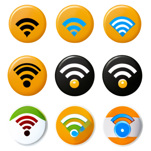 Please draw a series of icons representing different levels of Wi-Fi signal strength. Each icon should be designed to clearly show a progression from no signal to full signal. The icons should be simple, clear, and suitable for use in a modern user interface. - icon | sticker