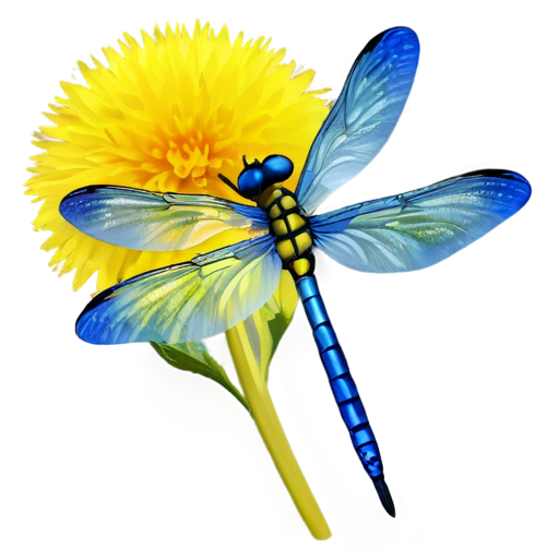 3D icon of a small blue dragonfly with transparent blue wings on a large fluffy yellow dandelion flower in detail - icon | sticker