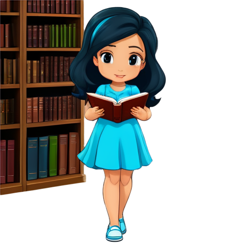 Jasmine in a blue dress standing in the library and she is reading a book - icon | sticker