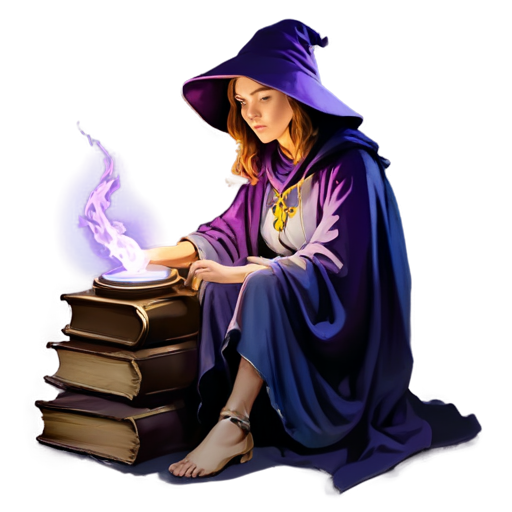 Logo magic and mystical, purple, violet, golden shades, white background, a female wizard is sitting on a pile of ancient books and holding a magic lantern in her hand, minimalism - icon | sticker