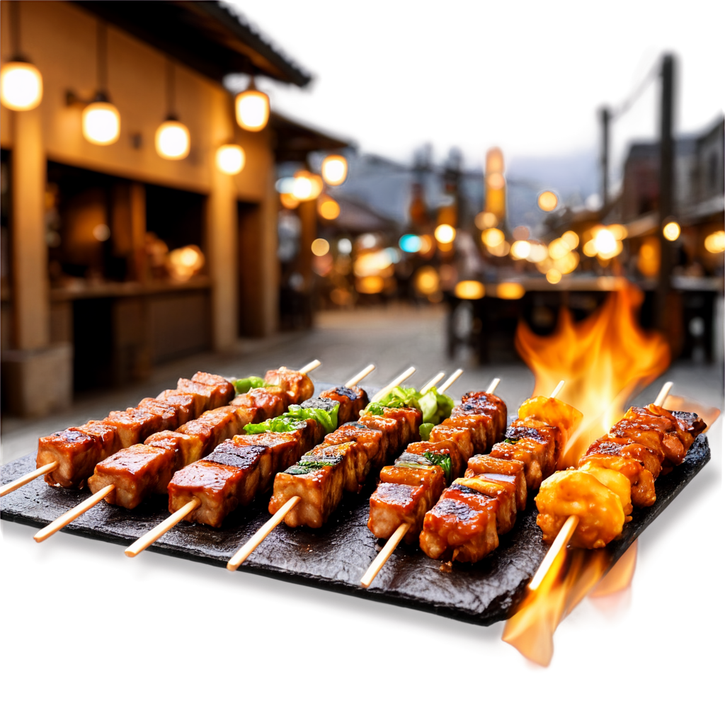 delicious food,BBQ,yakitori,bokeh,street side,lights - icon | sticker