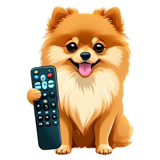 A Pomeranian dog holds a TV remote pointing at the screen - icon | sticker