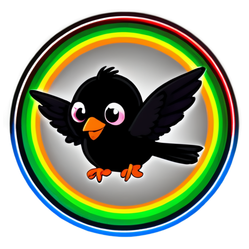 a tiny black bird flies through the rainbow ring. - icon | sticker