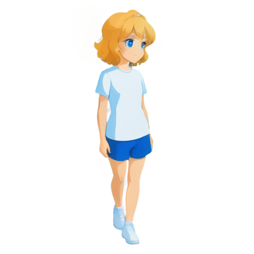 logo for a promts generator in blue sircle Anime, girl, tiny, slim, young, pretty. curly blond hair, not a standard angle, white t-shirt oversize, face - icon | sticker