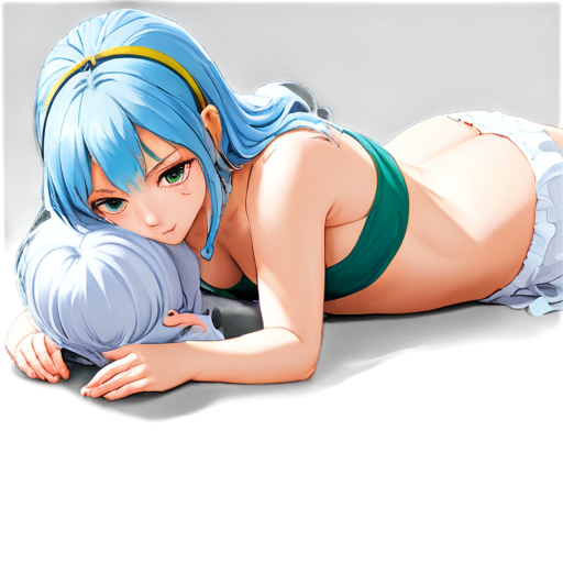 in anime style, day, girl, beautiful, light-blue-haired, slender, pretty, young, without shoes, on the library, lying on the tablewith her back up, heat, white sand, feeding her baby with her salt, 2d anime character, white European appearance, young anime young girl character with light purple, almost silver, hair styled in two low ponytails. She has pointed elf-like ears and large, expressive green eyes. teen, tiny. looking for the pink dot between legs - icon | sticker