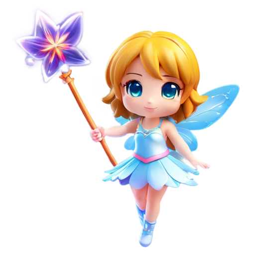 chibi fairy girl, shooting magic from staff, 3d, flying - icon | sticker