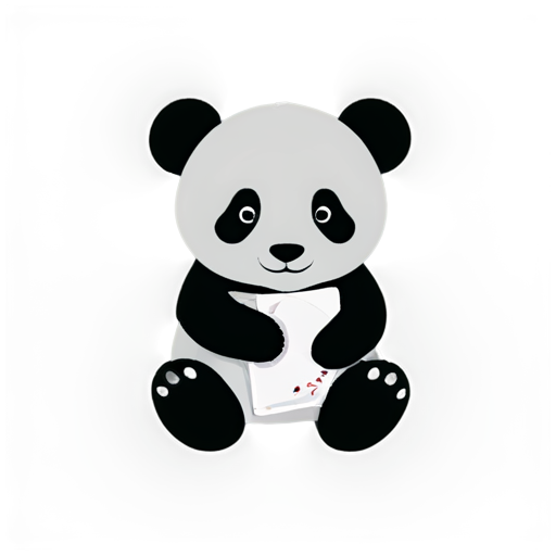 Sitting baby panda holding a deck of cards, black and white, ultra simplistic - icon | sticker