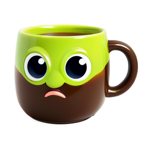 A fun and whimsical cartoon-style flying mugs with eyes. The mugs have smooth, rounded shapes and exaggerated proportions, as if modeled in Blender. The mug handles are positioned directly between the two eyes, forming a nose-like structure, with no beaks at all. The mugs float in the air with small wings on their sides, and their large, expressive eyes are on the front. The coffee mug is filled with dark brown liquid, the green tea mug with bright green liquid, and the black tea mug with deep amber liquid. The icons are designed with vibrant colors, soft shadows, and a transparent background, perfect for a playful game aesthetic - icon | sticker