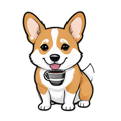 a black and white corgi with a cup of coffee - icon | sticker