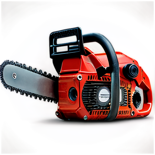 Create a high-quality image of a chainsaw designed in a realistic techno-punk style. The chainsaw should feature intricate mechanical details, exposed gears, and a rugged, industrial aesthetic. Use various shades of red as the primary color scheme, incorporating metallic and matte finishes. The design should include futuristic elements such as LED lights, digital displays, and other high-tech components. The background should complement the techno-punk theme, possibly featuring a gritty, urban setting or a stylized industrial backdrop. Ensure the lighting enhances the textures and details, giving the image a dynamic and immersive feel. - icon | sticker
