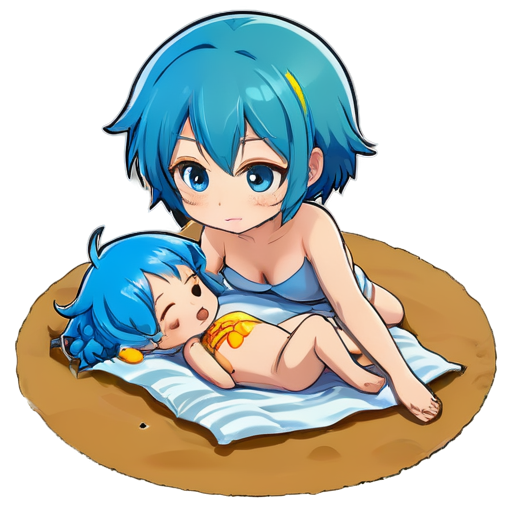 in anime style, day, girl, beautiful, blue-haired, slender, pretty, young, without shoes, on the bedroom, lying on the bad sand with her back up, heat, white blanket, feeding her baby with her salt, 2d anime character, white European appearance, young - icon | sticker