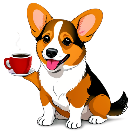 black and white corgi cardigan, cheno-white color, with a cup of coffee in his paws. - icon | sticker