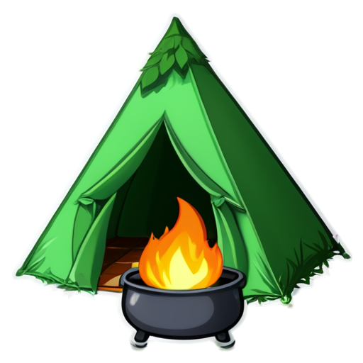 the tent is green, there is a fire next to it, there are several bushes around, the leaves of the bush are large but not detailed, a pot hangs over the fire - icon | sticker