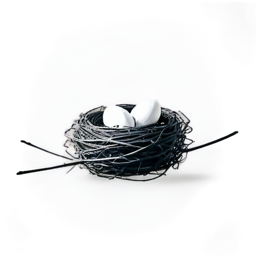 minimalistic flat style, monochrome, side view, the nest made of black wires, the wires are sticking out a little, the vinyl box is in the nest, the nest is on the branch - icon | sticker