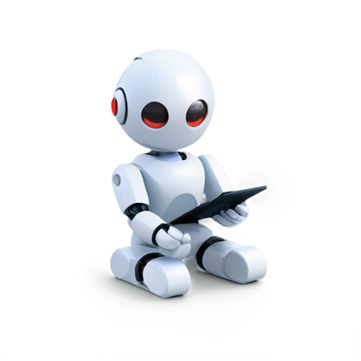 A simple robot, front, upper body, wearing a magnifying glass, squatting on the ground and marking the position with a red pen. - icon | sticker