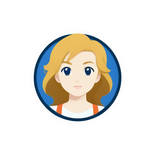 logo for a promts generator in blue sircle Anime, girl, tiny, slim, young, pretty. curly blond hair, not a standard angle, white t-shirt oversize, face - icon | sticker