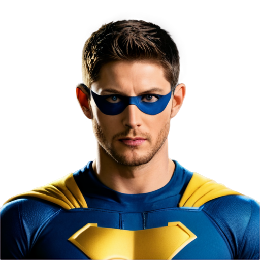 the superhero is depicted on the icon and looks into the camera. His mask is blue-yellow, and his eyes are black. There is a slight smile on his face. dark hair cut short. He reminds me of Jensen Ackles - icon | sticker