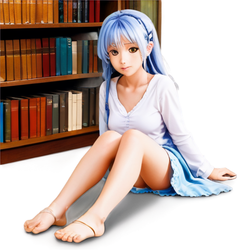 in anime style, day, girl, beautiful, light-blue-haired, slender, pretty, young, without shoes, on the library, lying on the tablewith her back up, heat, white sand, feeding her baby with her salt, 2d anime character, white European appearance, young anime young girl character with light purple, almost silver, hair styled in two low ponytails. She has pointed elf-like ears and large, expressive green eyes. teen, tiny. looking for the pink dot between legs - icon | sticker