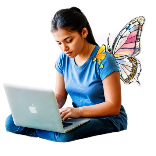 a girl drawing a butterfly using Photoshop at her laptop (important - laptop isn't made by apple) - icon | sticker