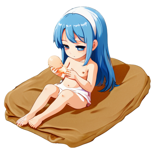 in anime style, day, girl, beautiful, blue-haired, slender, pretty, young, without shoes, on the bedroom, lying on the bad sand with her back up, heat, white blanket, feeding her baby with her salt, 2d anime character, white European appearance, young - icon | sticker