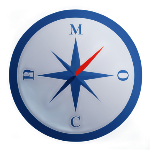 Based on the slanted circle, outline the compass compass, design a concise pointer in the center of the disc, slightly tilted. Use smooth, simple lines to outline the scale and needle of the compass and avoid complicated decorations. Use dark blue or black as the main color to convey a sense of stability and technology. The abstract painting of M and C letters in "mengxichat" is integrated into the scale design of the compass to form a unique visual symbol. Use negative space. - icon | sticker