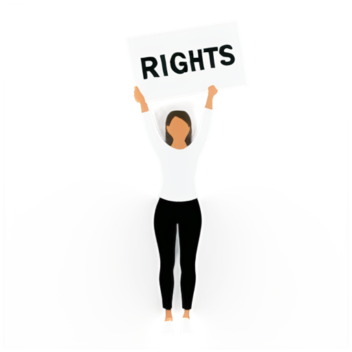 A full white picture where a woman raising a banner where "RIGHTS" is written - icon | sticker