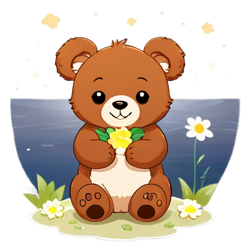 A cute anime brown bear holding flowers, while at the lake at night - icon | sticker