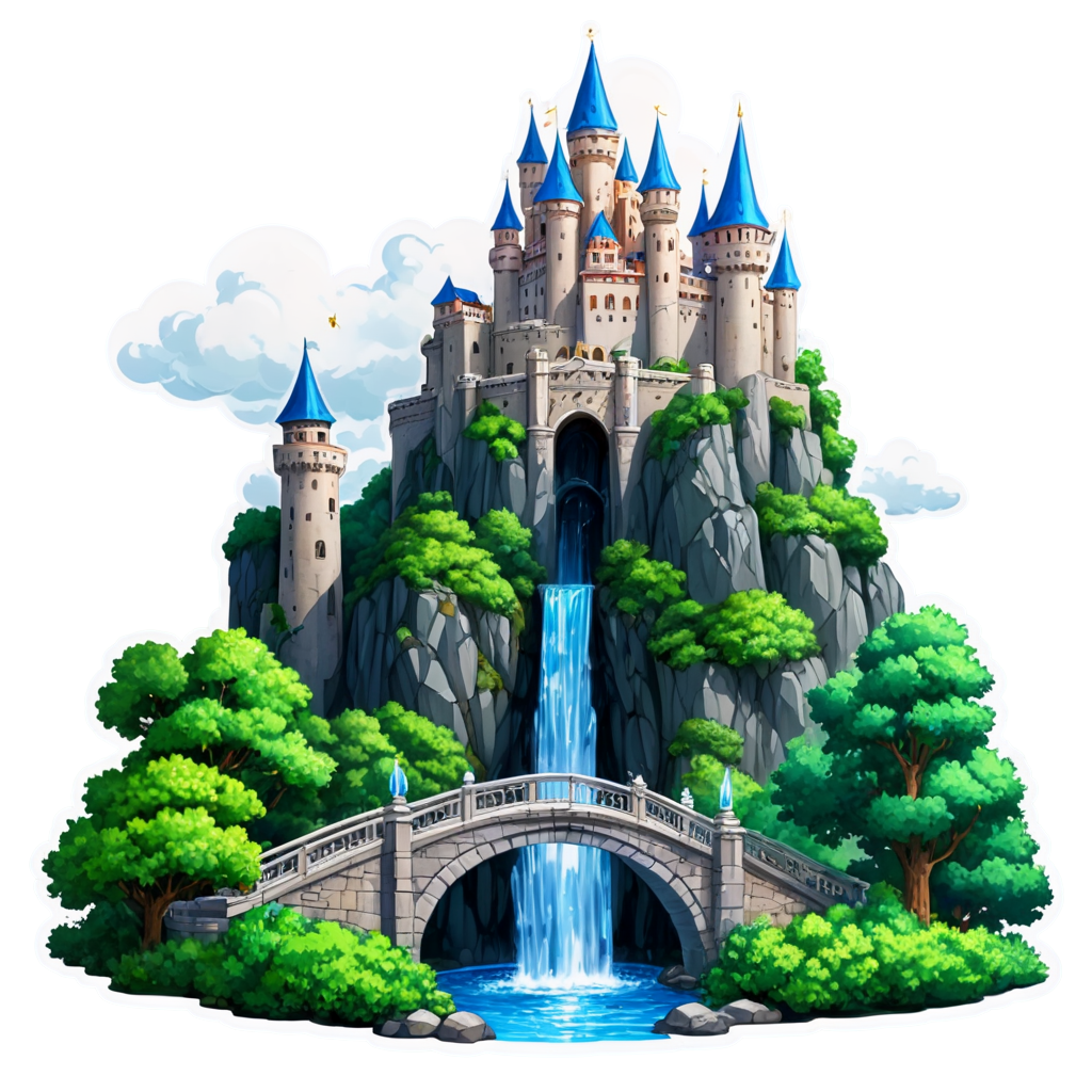 architecture,bridge,building,bush,castle,cityscape,cloud,day,fantasy,fountain,gate,mountain,no humans,river,scenery,skyscraper,tower,tree,water,waterfall - icon | sticker