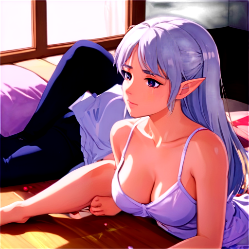 in anime style, day, girl, beautiful, silver-haired, pretty, young, without shoes, on the cosy room, lying on the bad with her back up,feeding with her salt, 2d anime character, white European appearance,young two anime-style characters in a calm and intimate setting. The character in the foreground has long, silver or light purple hair,2 ponytails, pointed elf-like ear. Her eyes are closed, and she appears relaxed. as detailed as possible, wet and dripping in a cozy, dimly lit room. There's a gentle and caring atmosphere between the two characters, - icon | sticker