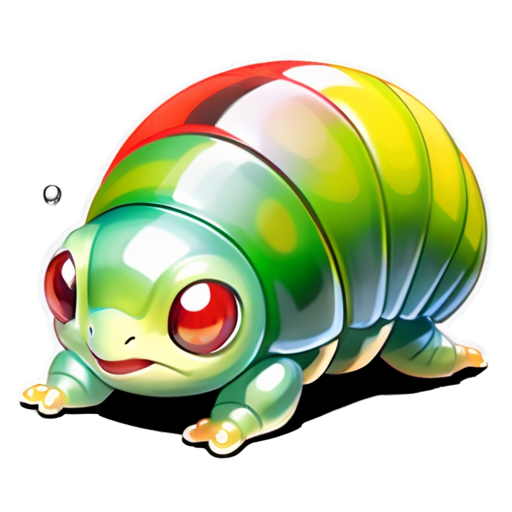 Epic full-body illustration of Caterpie, a small green caterpillar with a yellow underbelly, large black eyes, and a red antenna on its head, crawling on a lush green leaf, vibrant forest background, detailed texture of its segmented body and antennae, curious and determined expression, dynamic lighting, high-definition, realistic style. - icon | sticker