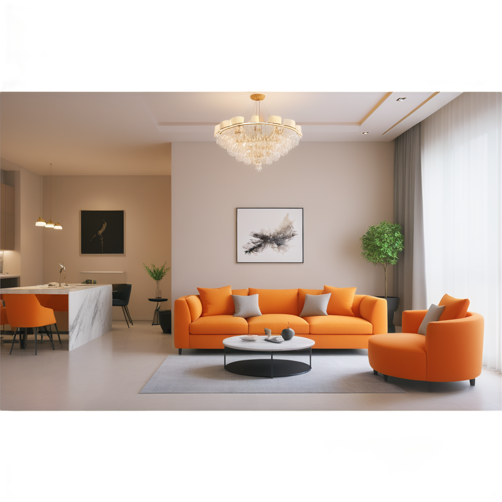 French cream style, living room design, low saturation colors, random matching, orange sofa, orange shading curtain, gray carpet, marble coffee table, plant decoration, (David statue decoration), simple round chandelier, living room partition, landscape, interior, sunlight, CG rendering,Fukuda's work, - icon | sticker