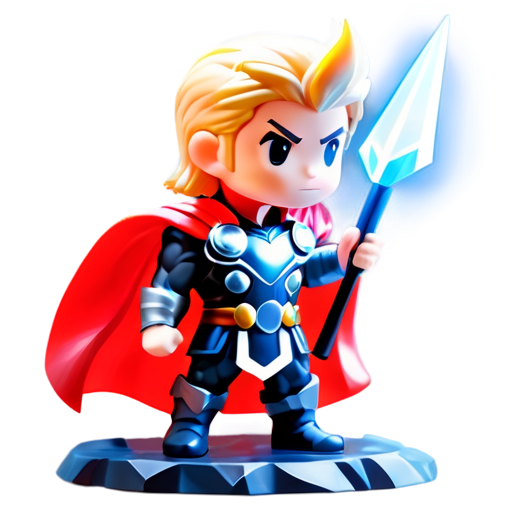 Epic full-body illustration of Thor, standing heroically with Mjolnir raised, lightning crackling around, in an Asgardian background, detailed armor, flowing red cape, intense expression, dynamic lighting, realistic style, high-definition. - icon | sticker