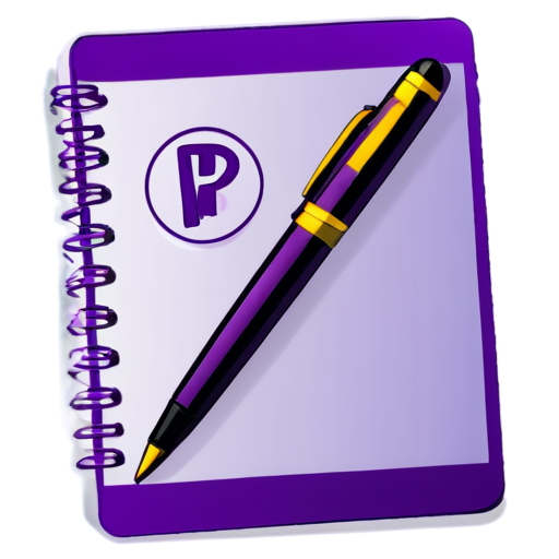 Purple notebook with a pen with mathematical symbols - icon | sticker