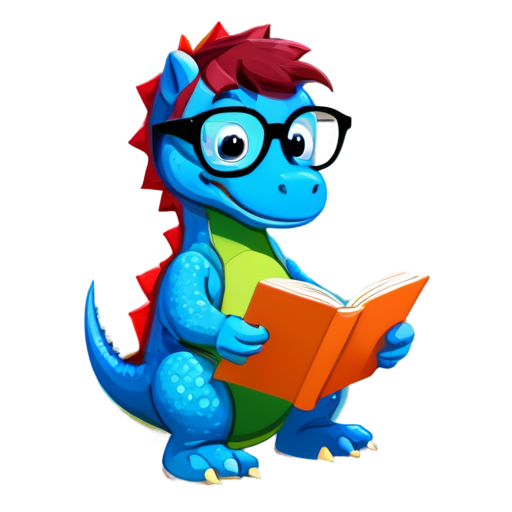 Blue dinosaur with glasses reading a book, Cute, vector illustration, contemporary, flat colors, smart, minimalism, less detailed - icon | sticker