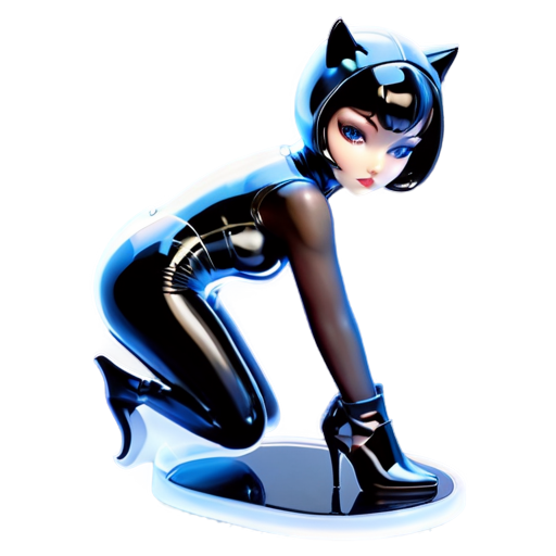 Sexy female figure in a skimpy catwoman costume, crouching on a base with one hand on the ground, wearing a tight leather bodysuit with a plunging neckline, and high-heel ankle boots - icon | sticker