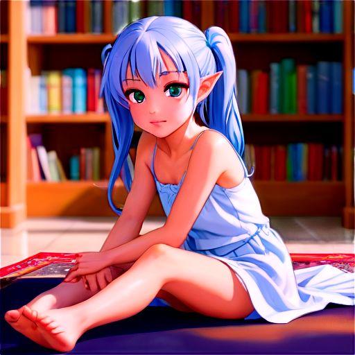 in anime style, day, girl, beautiful, light-blue-haired, slender, pretty, young, without shoes, on the library, lying on the tablewith her back up, heat, white sand, feeding her baby with her salt, 2d anime character, white European appearance, young anime young girl character with light purple, almost silver, hair styled in two low ponytails. She has pointed elf-like ears and large, expressive green eyes. teen, tiny. looking for the pink dot between legs - icon | sticker