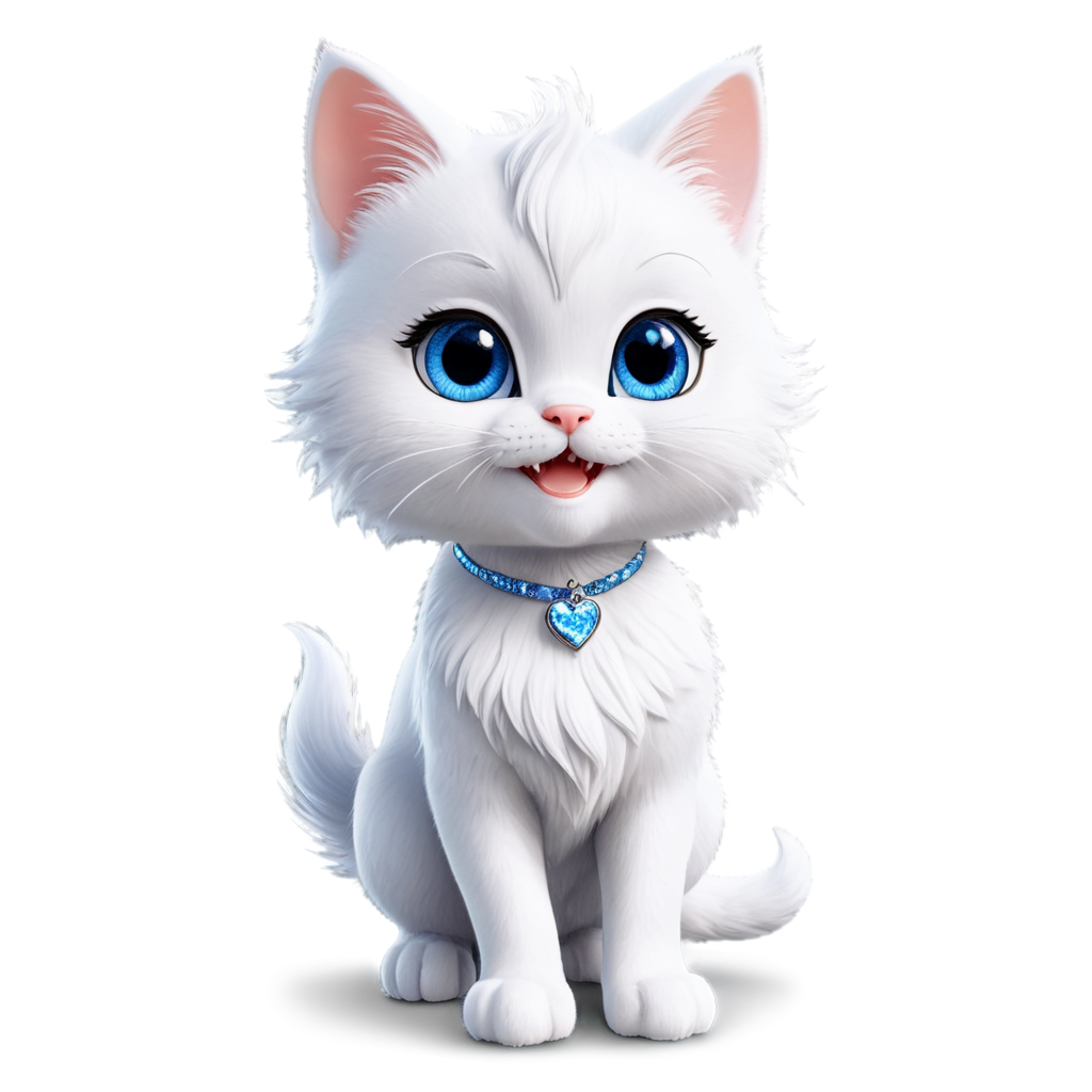 Disney cartoon character, chibi, kind fluffy white cat with shiny silver hair in glitter and blue eyes and smile, hair sprinkled with glitter dust, magic glitter, full length, unreal engine render, - icon | sticker